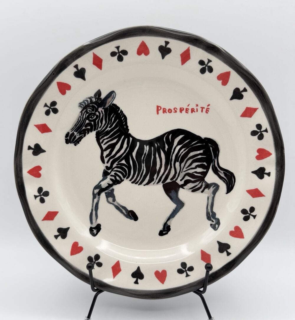 Anthropologie Nathalie Lete 10” Dinner Plate "Prosperite" Zebra Card Suit Border